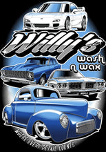 Load image into Gallery viewer, Willy&#39;s Wash n Wax 4 car logo T-Shirt
